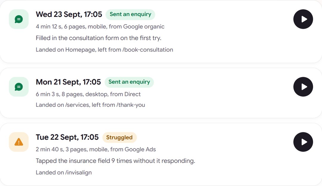 Recordings: a short list of real visits, each saying why it was kept